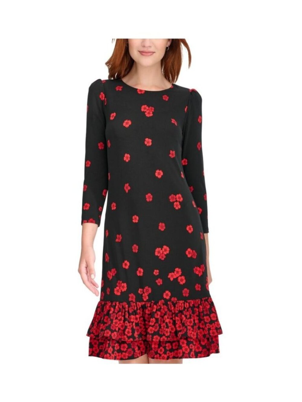 Tommy Hilfiger Black Dress With Red Floral Print & Ruffle Hem 3/4 Sleeves L